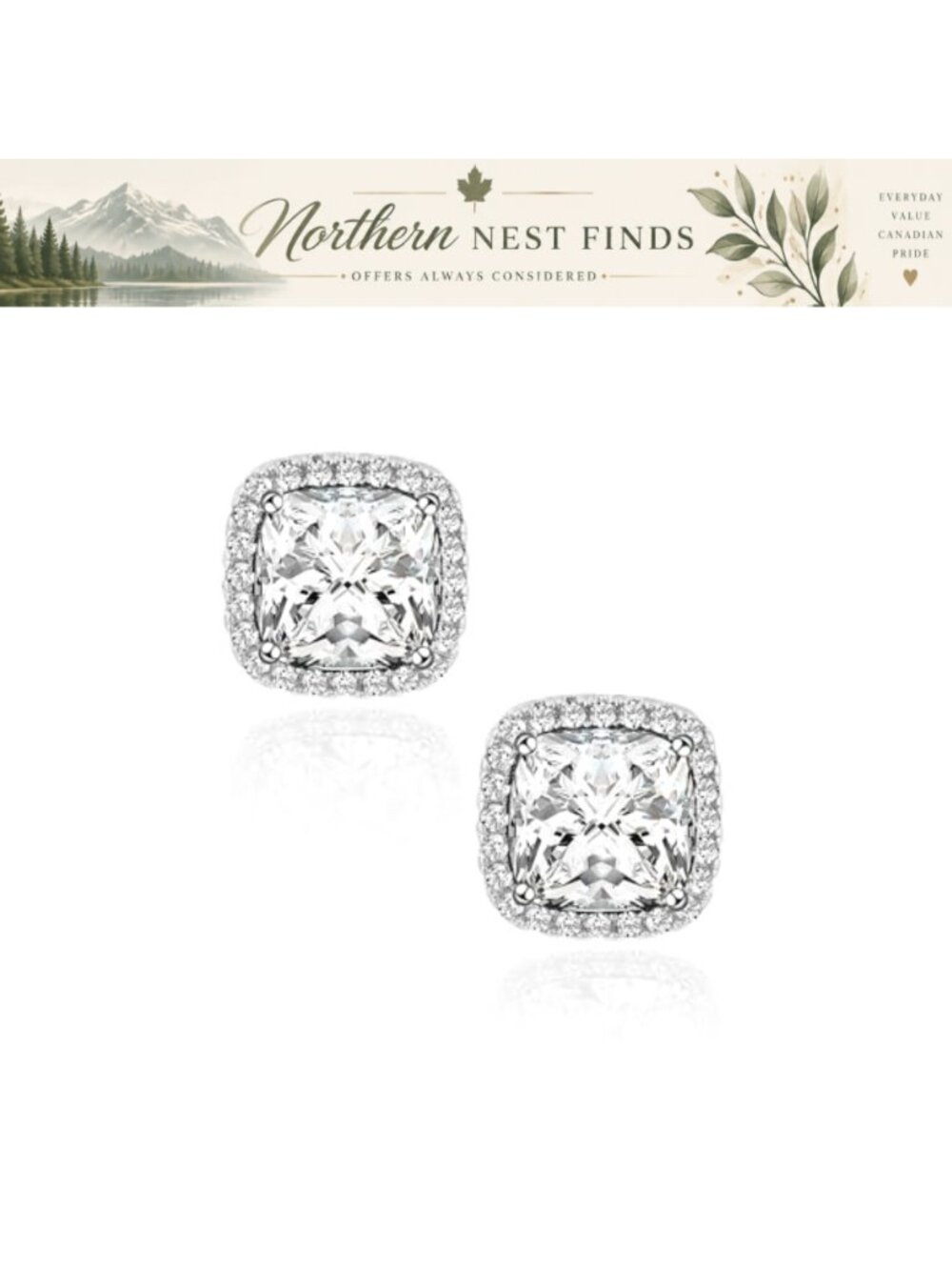Princess Cut Cubic Zirconia Stud Earrings 925 Sterling Silver Post Halo